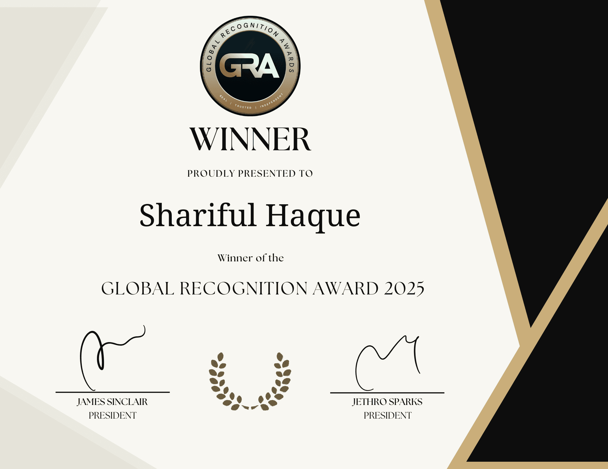 Global Recognition Awards Shariful Haque 2025